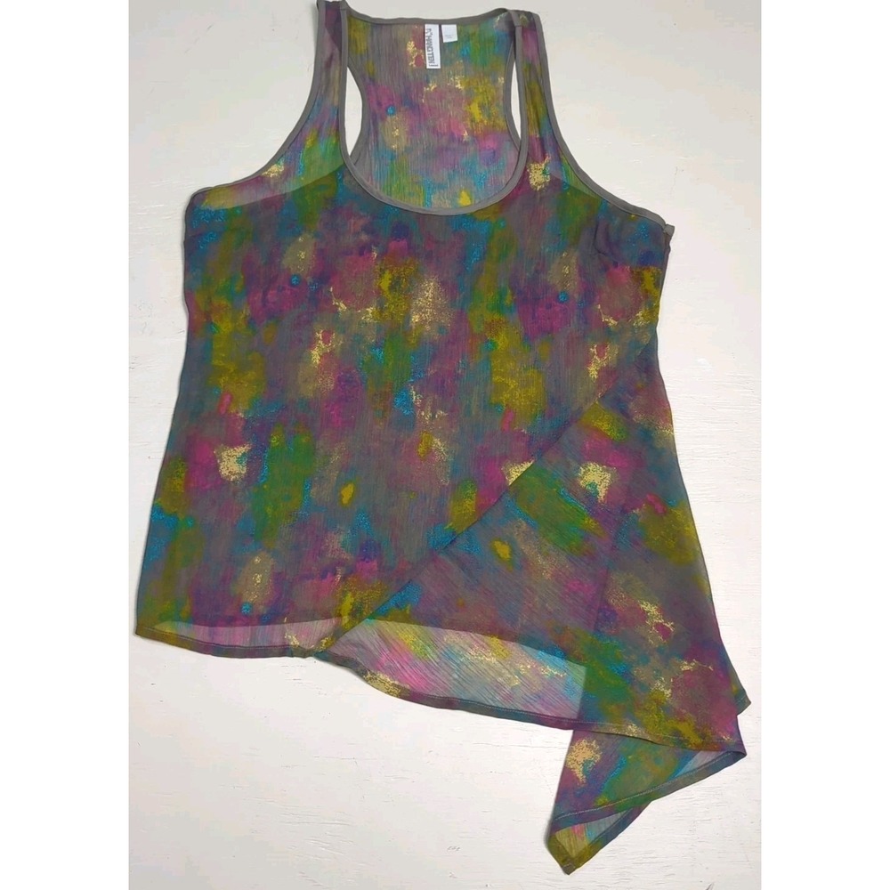 Hang Ten Colorful Paint-Like Sheer‎ Asymmetrical Racer Back Top Size L